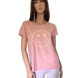 Lucky Brand Don't Worry be Lucky Tee T-Shirt Blush Pink Screen Print 100% Cotton